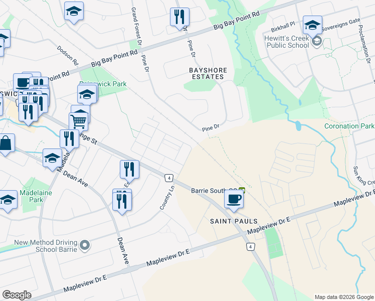 map of restaurants, bars, coffee shops, grocery stores, and more near 257 Pine Drive in Barrie