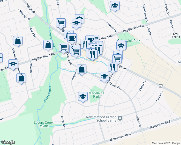 map of restaurants, bars, coffee shops, grocery stores, and more near 74 Dean Avenue in Barrie