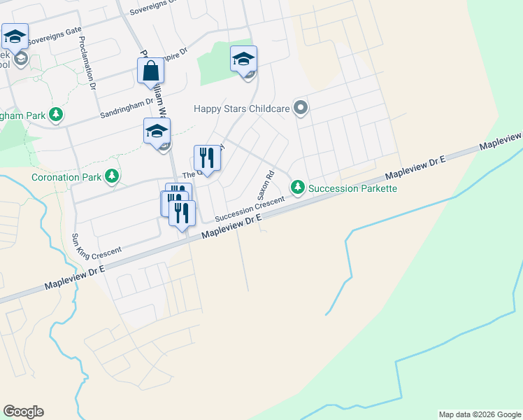 map of restaurants, bars, coffee shops, grocery stores, and more near 108 Succession Crescent in Barrie