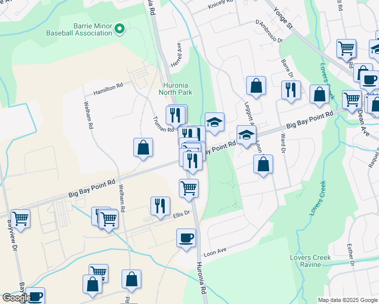 map of restaurants, bars, coffee shops, grocery stores, and more near 373 Huronia Road in Barrie