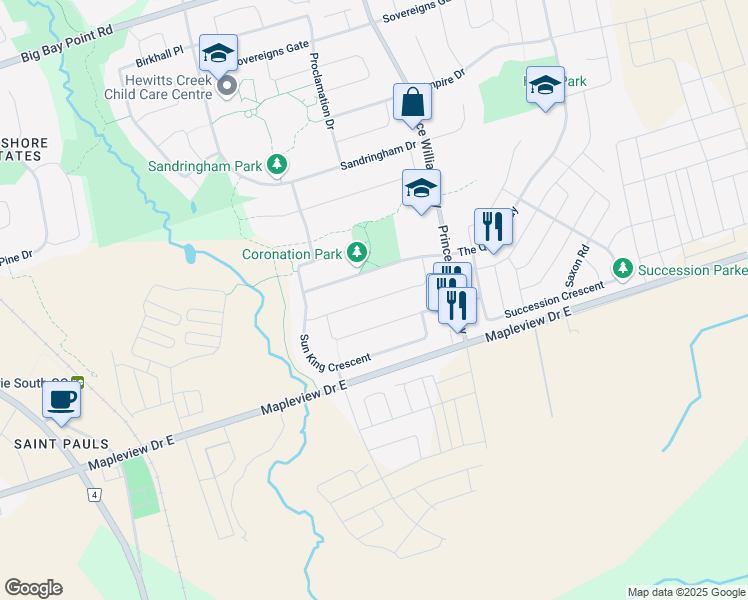 map of restaurants, bars, coffee shops, grocery stores, and more near Monarchy Street in Barrie