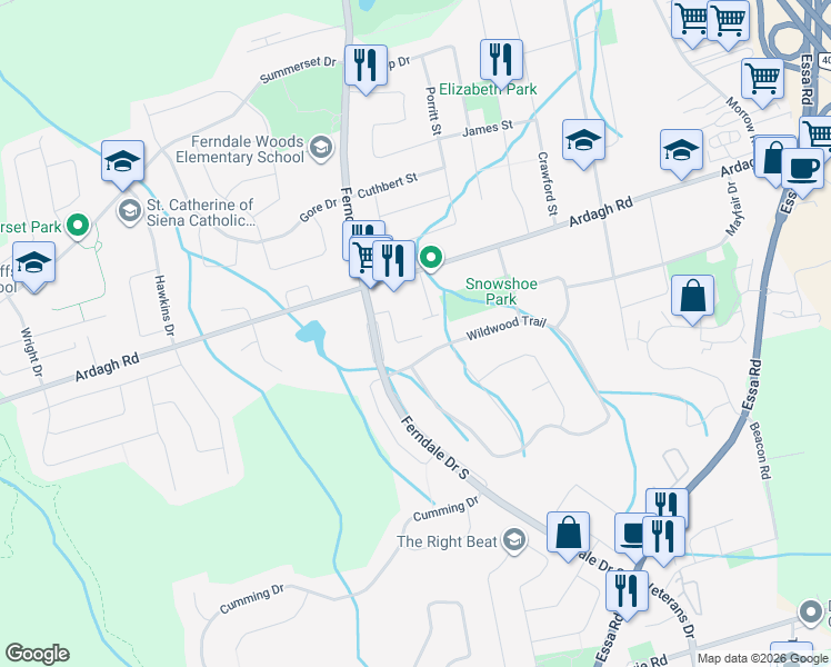 map of restaurants, bars, coffee shops, grocery stores, and more near 245 Ferndale Drive South in Barrie