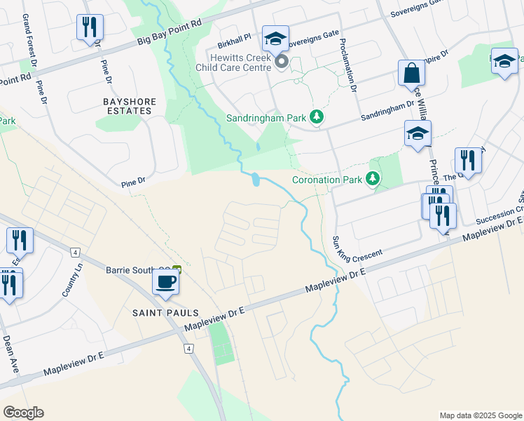 map of restaurants, bars, coffee shops, grocery stores, and more near in Barrie