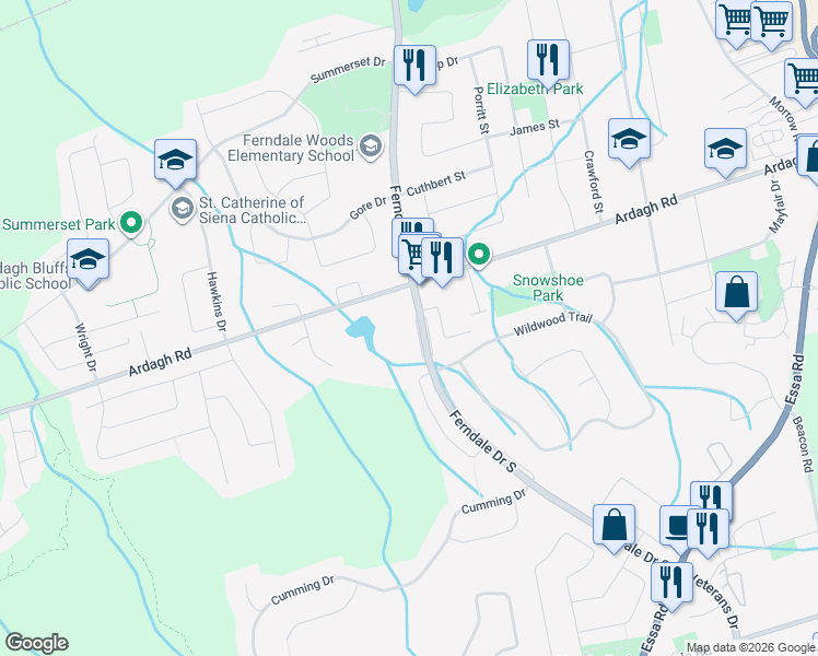 map of restaurants, bars, coffee shops, grocery stores, and more near 256 Ferndale Drive South in Barrie