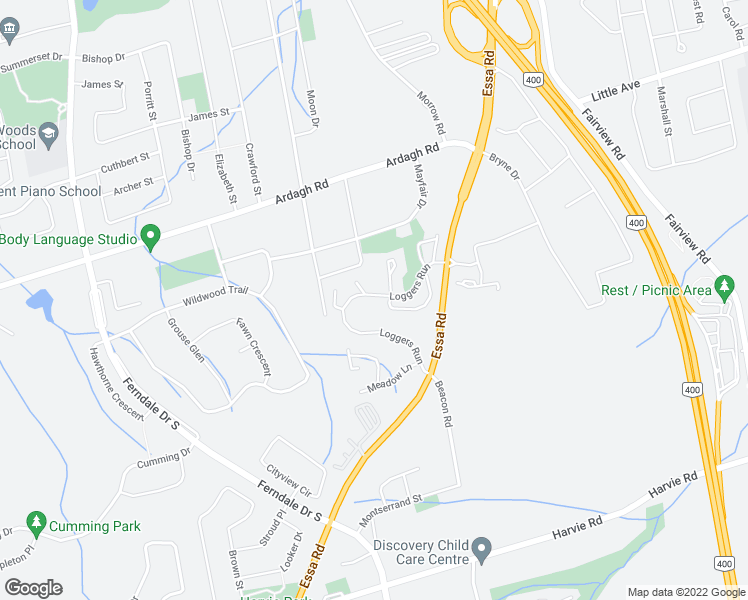 map of restaurants, bars, coffee shops, grocery stores, and more near 74 Loggers Run in Barrie