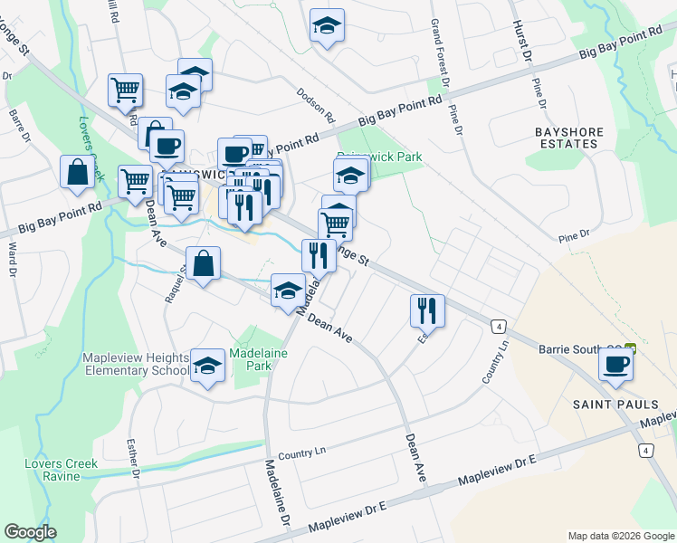 map of restaurants, bars, coffee shops, grocery stores, and more near 25 Madelaine Drive in Barrie