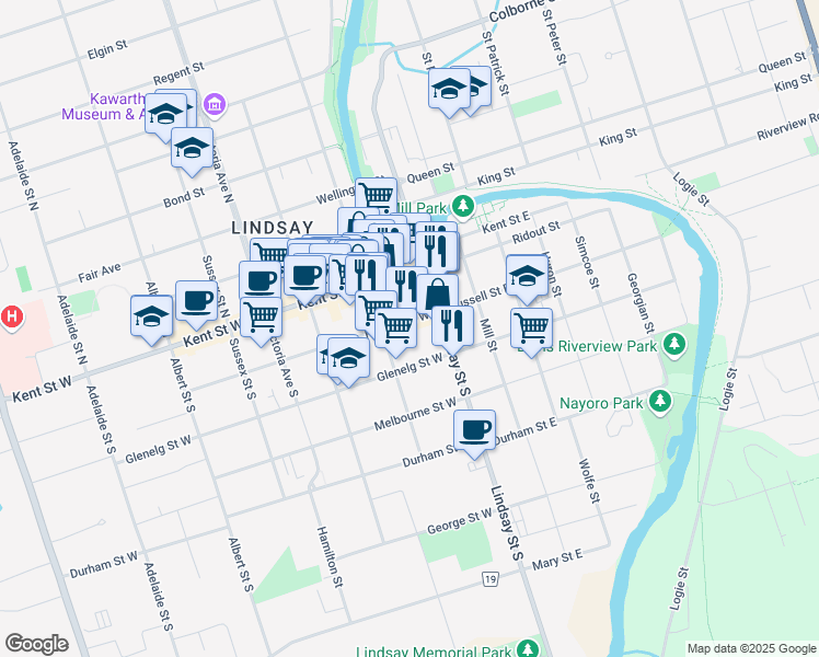 map of restaurants, bars, coffee shops, grocery stores, and more near 17 Russell Street West in Lindsay