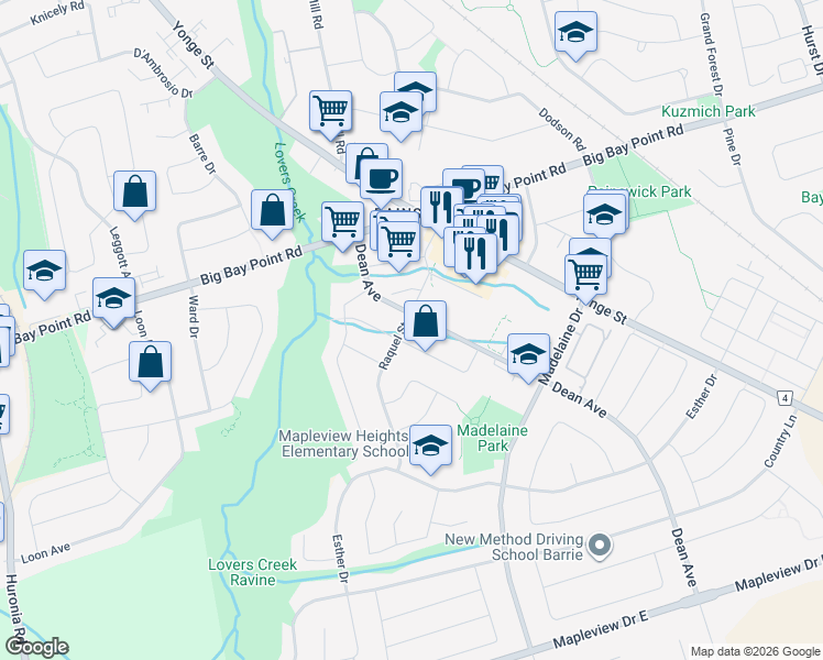 map of restaurants, bars, coffee shops, grocery stores, and more near 13 Raquel Street in Barrie