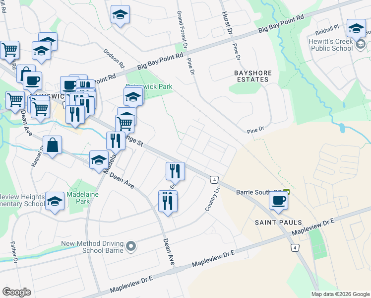 map of restaurants, bars, coffee shops, grocery stores, and more near 149 Gateland Drive in Barrie