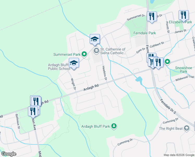 map of restaurants, bars, coffee shops, grocery stores, and more near 18 Stoneybrook Crescent in Barrie