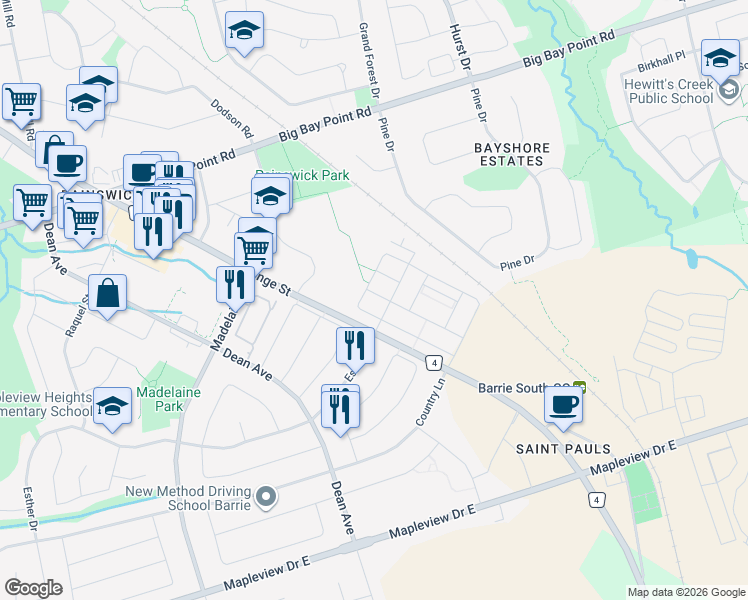 map of restaurants, bars, coffee shops, grocery stores, and more near 149 Gateland Drive in Barrie