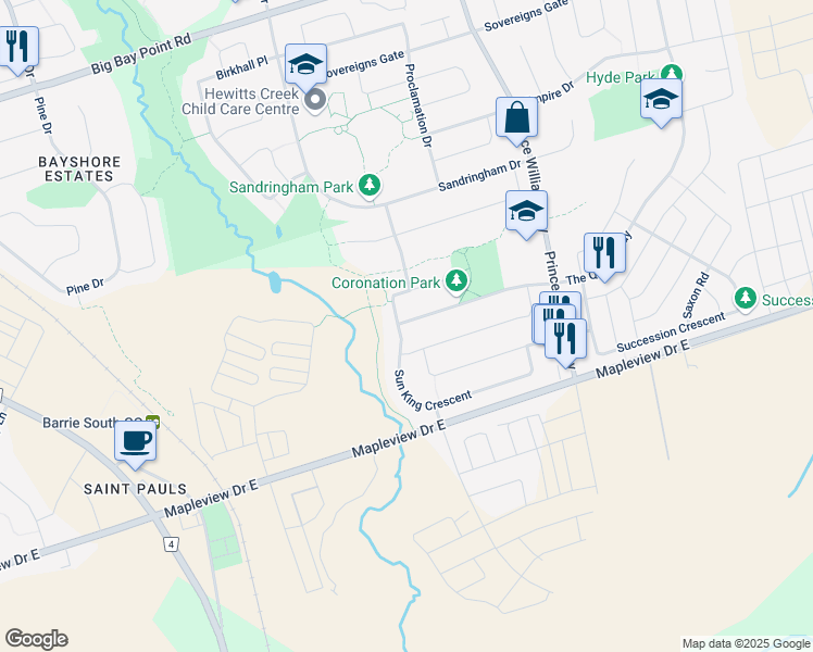 map of restaurants, bars, coffee shops, grocery stores, and more near 5 Coronation Parkway in Barrie
