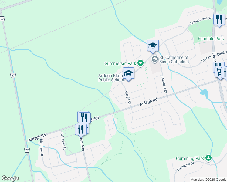 map of restaurants, bars, coffee shops, grocery stores, and more near 2 Pennell Drive in Barrie
