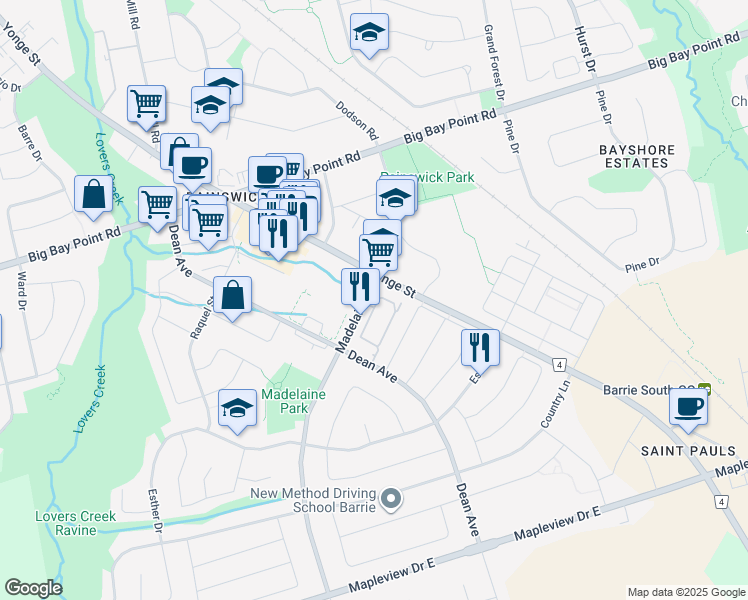 map of restaurants, bars, coffee shops, grocery stores, and more near 23 Madelaine Drive in Barrie