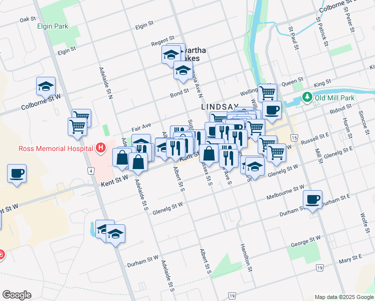 map of restaurants, bars, coffee shops, grocery stores, and more near in Kawartha Lakes