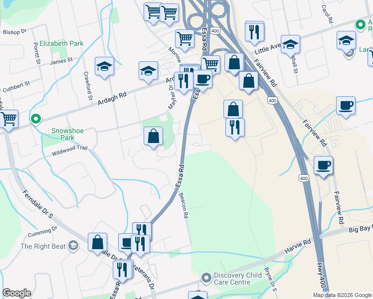 map of restaurants, bars, coffee shops, grocery stores, and more near 17 Sawmill Road in Barrie