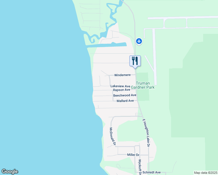 map of restaurants, bars, coffee shops, grocery stores, and more near 213 Rapson Avenue in Houghton Lake