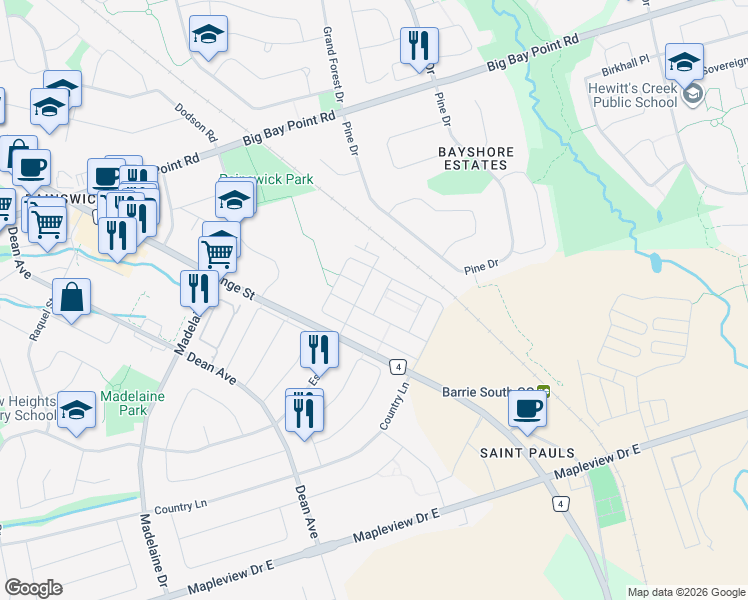 map of restaurants, bars, coffee shops, grocery stores, and more near in Barrie