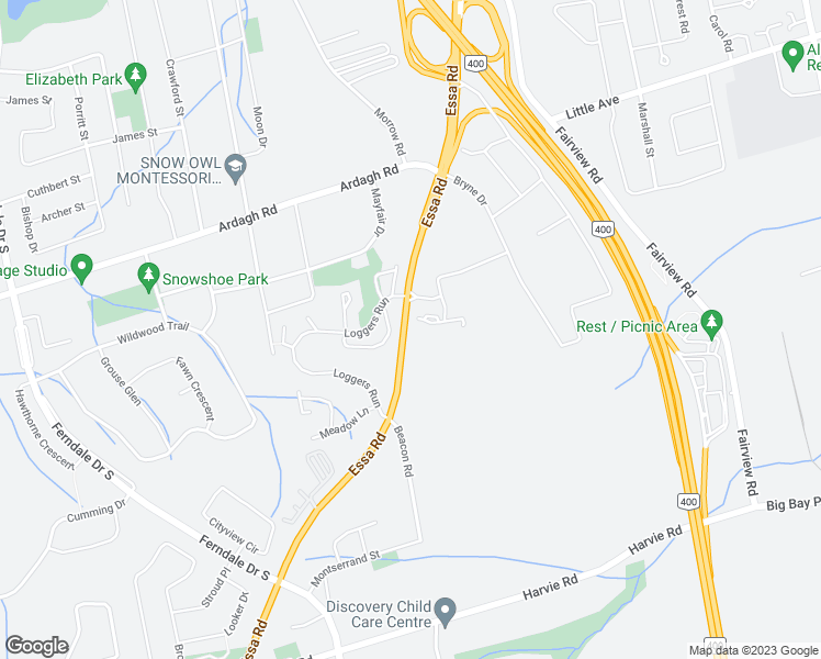 map of restaurants, bars, coffee shops, grocery stores, and more near 17 Sawmill Road in Barrie