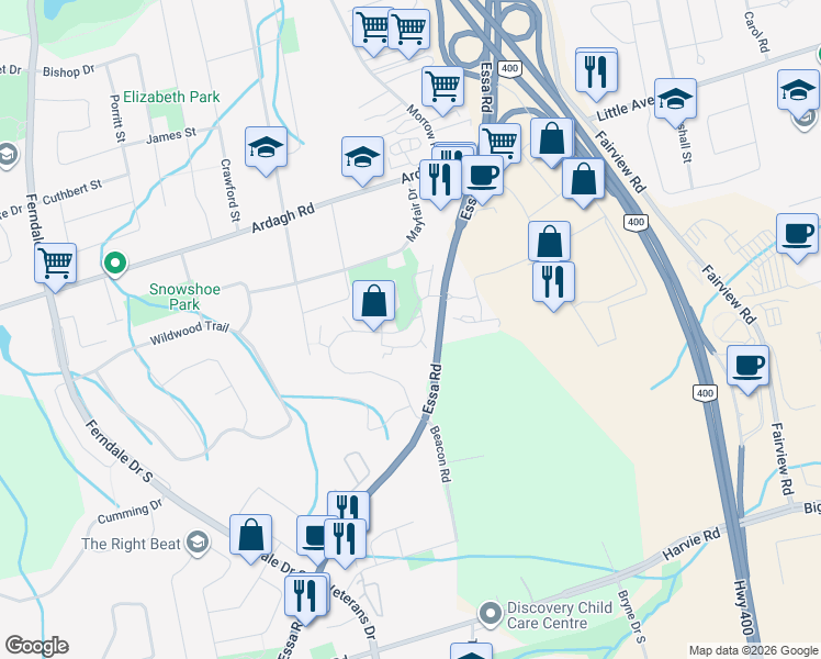 map of restaurants, bars, coffee shops, grocery stores, and more near 112 Loggers Run in Barrie