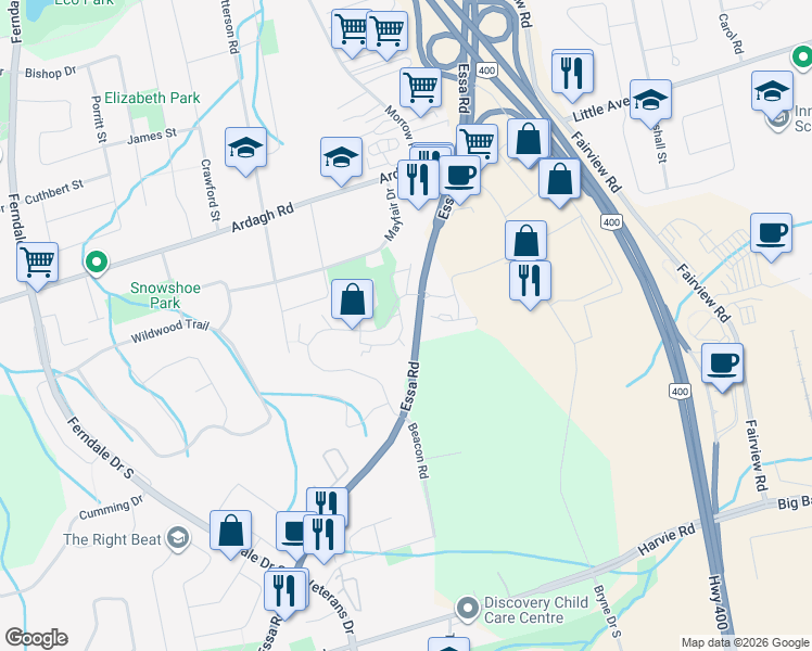 map of restaurants, bars, coffee shops, grocery stores, and more near 17 Sawmill Road in Barrie
