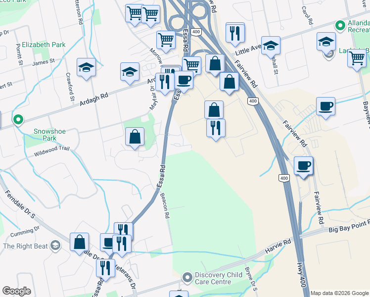 map of restaurants, bars, coffee shops, grocery stores, and more near 304 Essa Road in Barrie
