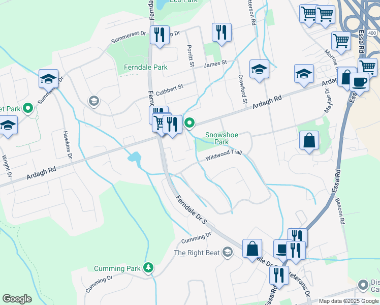 map of restaurants, bars, coffee shops, grocery stores, and more near 199 Ardagh Road in Barrie