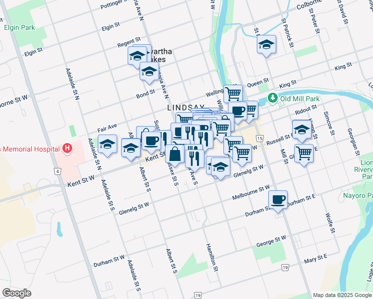 map of restaurants, bars, coffee shops, grocery stores, and more near in Kawartha Lakes