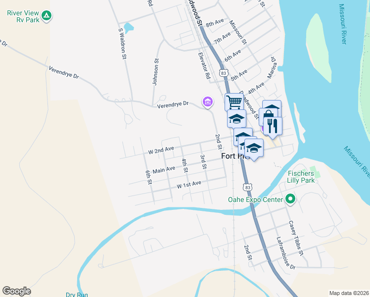 map of restaurants, bars, coffee shops, grocery stores, and more near 106-108 4th Street in Fort Pierre