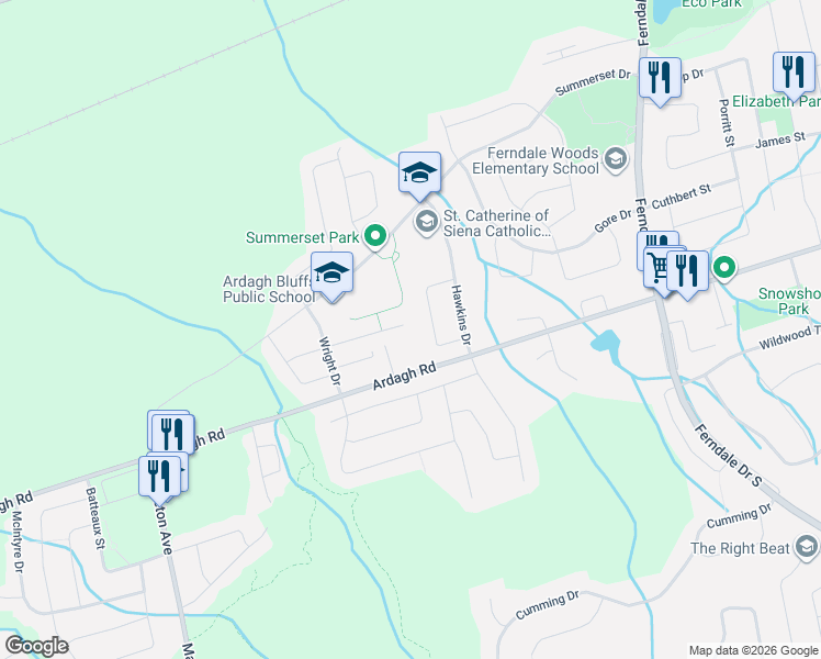 map of restaurants, bars, coffee shops, grocery stores, and more near 43 Auburn Court in Barrie