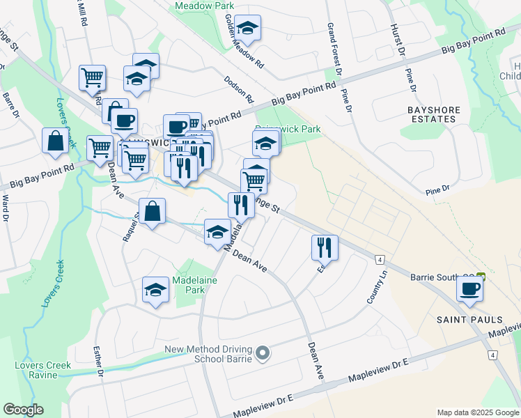 map of restaurants, bars, coffee shops, grocery stores, and more near in Barrie