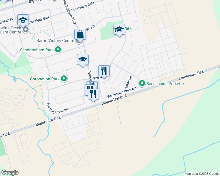 map of restaurants, bars, coffee shops, grocery stores, and more near 10 Snowden Avenue in Barrie