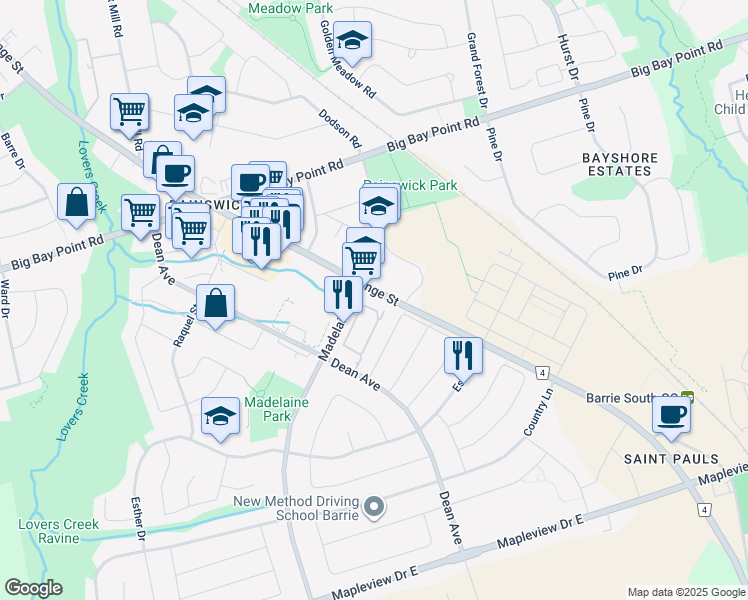 map of restaurants, bars, coffee shops, grocery stores, and more near 720 Yonge Street in Barrie