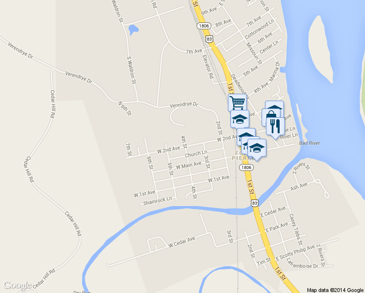 map of restaurants, bars, coffee shops, grocery stores, and more near 108 4th Street in Fort Pierre