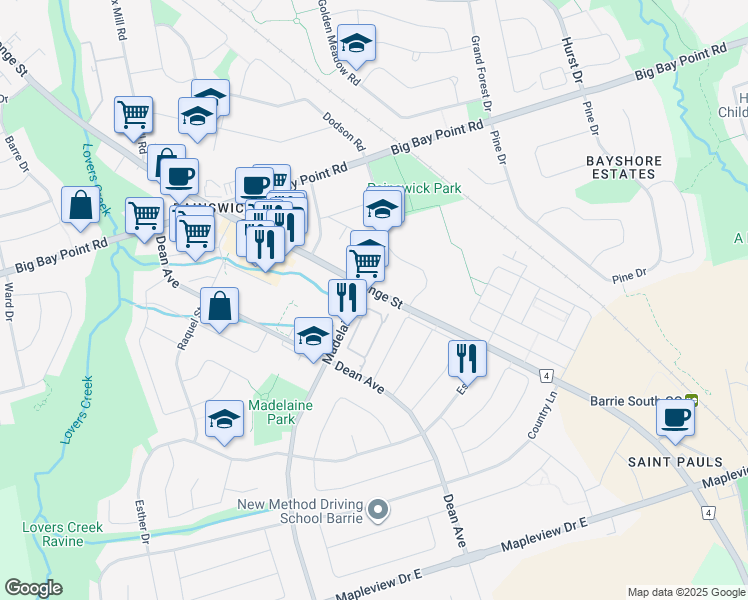 map of restaurants, bars, coffee shops, grocery stores, and more near 720 Yonge Street in Barrie