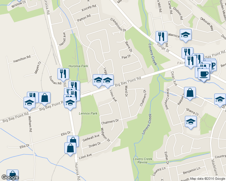 map of restaurants, bars, coffee shops, grocery stores, and more near 19 Loon Avenue in Barrie