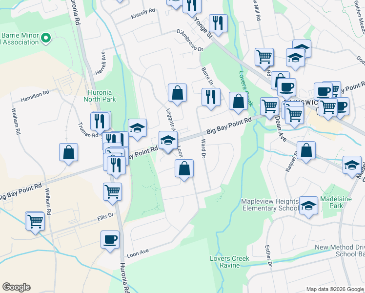 map of restaurants, bars, coffee shops, grocery stores, and more near 19 Loon Avenue in Barrie