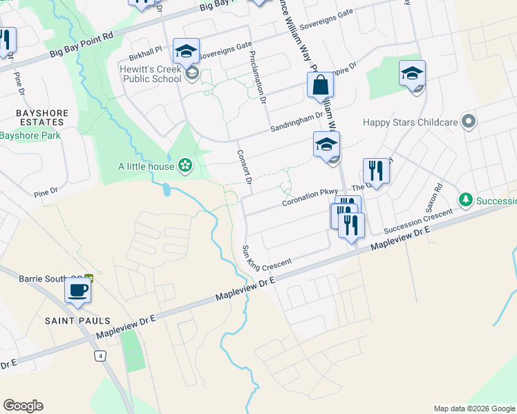 map of restaurants, bars, coffee shops, grocery stores, and more near 14 Coronation Parkway in Barrie