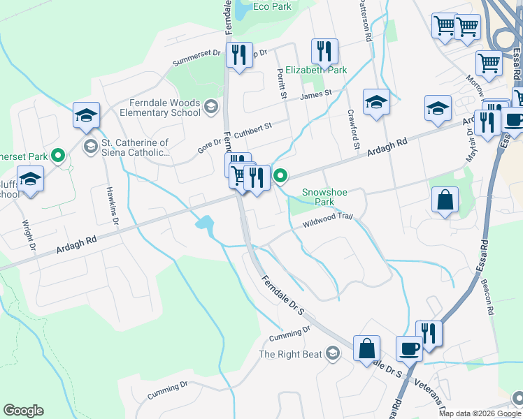 map of restaurants, bars, coffee shops, grocery stores, and more near 235 Ferndale Drive South in Barrie
