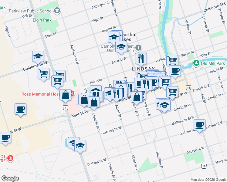 map of restaurants, bars, coffee shops, grocery stores, and more near 83 Peel Street in Kawartha Lakes