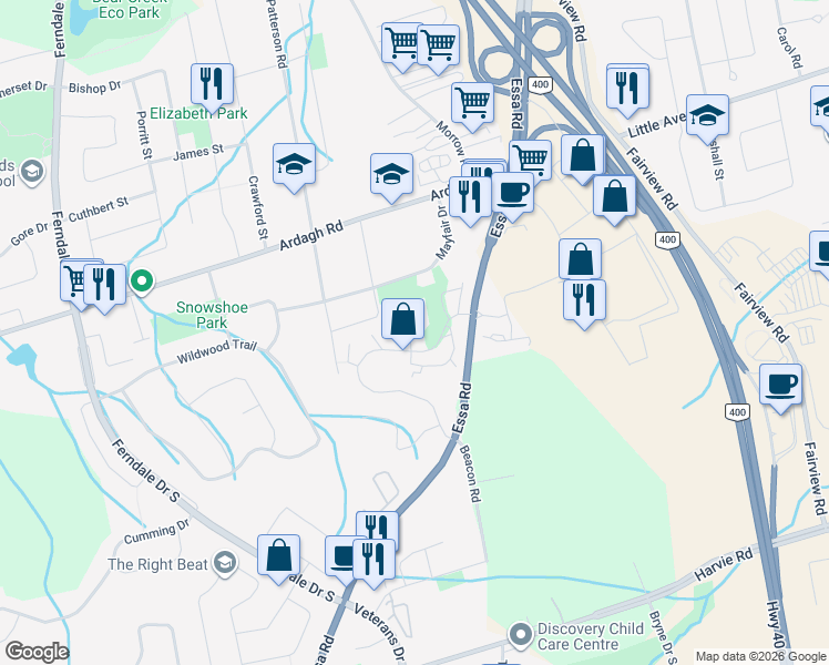 map of restaurants, bars, coffee shops, grocery stores, and more near 21 Evergreen Court in Barrie