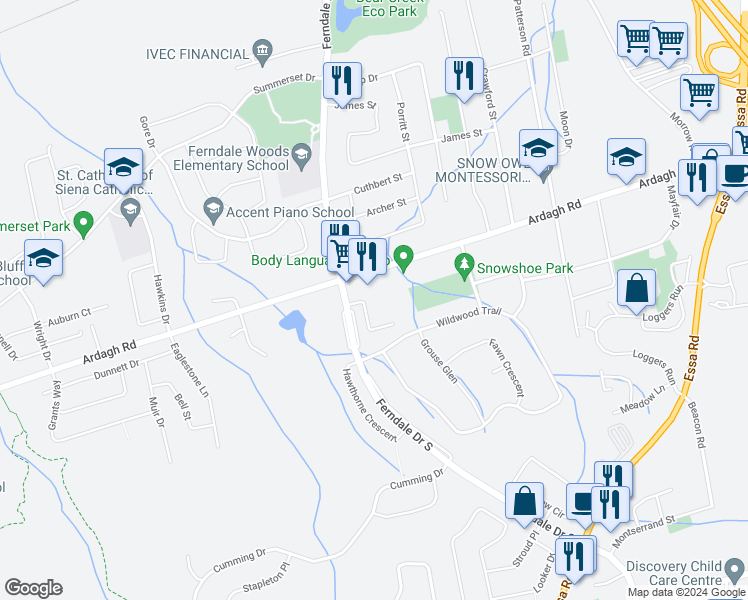 map of restaurants, bars, coffee shops, grocery stores, and more near 235 Ferndale Drive South in Barrie