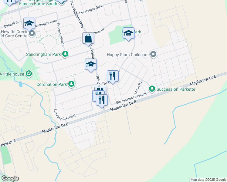 map of restaurants, bars, coffee shops, grocery stores, and more near Beatrice Lane in Barrie