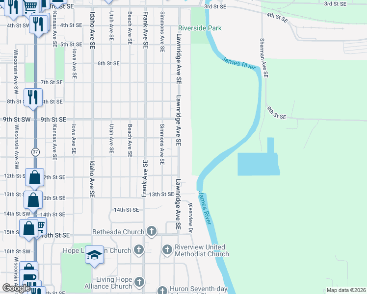 map of restaurants, bars, coffee shops, grocery stores, and more near 1000 Lawnridge Avenue Southeast in Huron