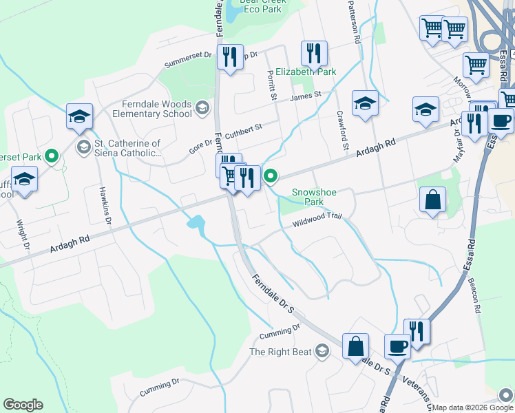 map of restaurants, bars, coffee shops, grocery stores, and more near 237 Ferndale Drive South in Barrie