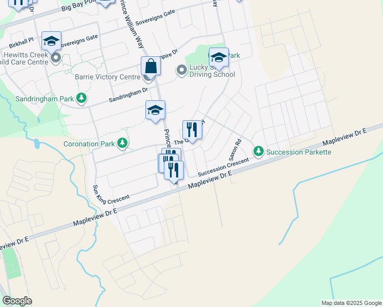map of restaurants, bars, coffee shops, grocery stores, and more near 4 Beatrice Lane in Barrie