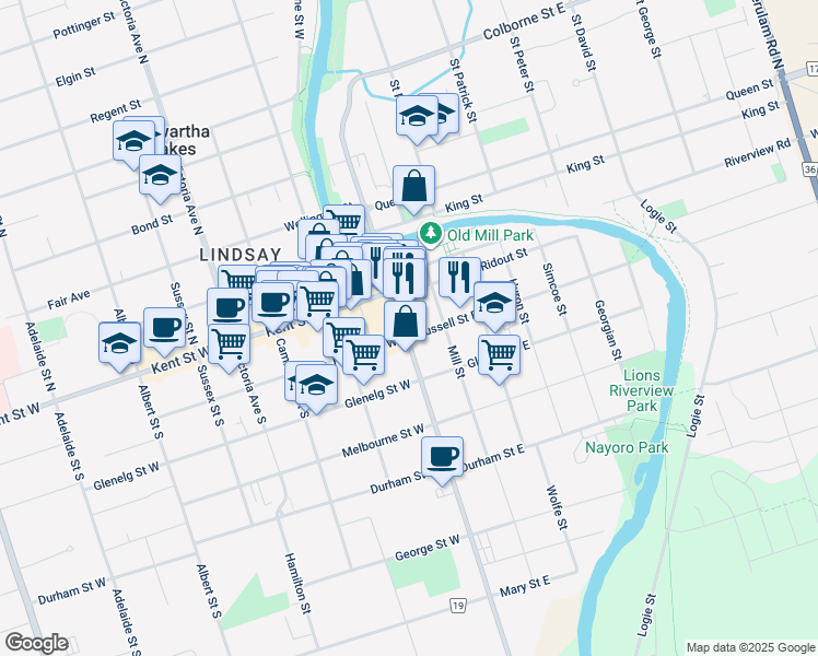 map of restaurants, bars, coffee shops, grocery stores, and more near in Kawartha Lakes