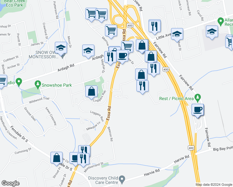 map of restaurants, bars, coffee shops, grocery stores, and more near in Barrie