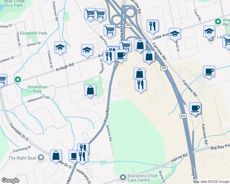 map of restaurants, bars, coffee shops, grocery stores, and more near 302 Essa Road in Barrie