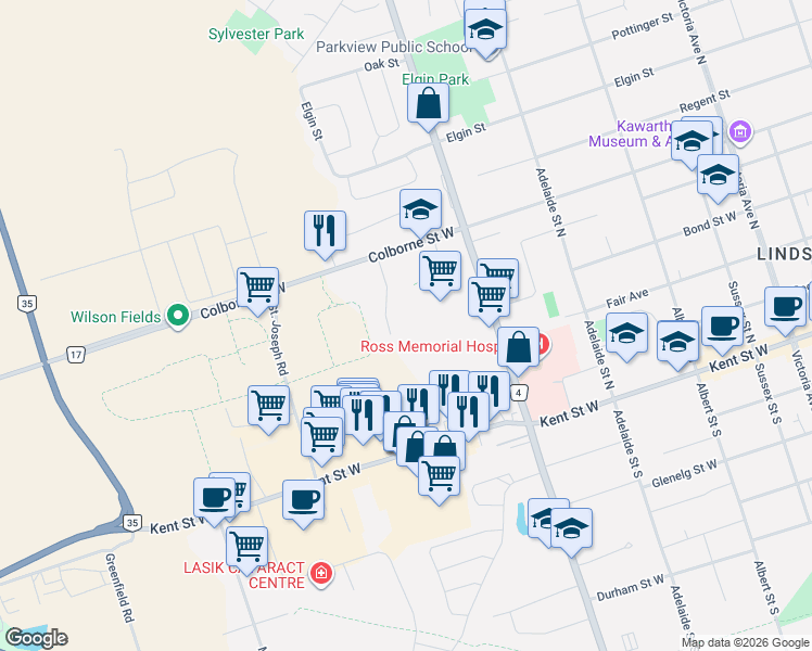 map of restaurants, bars, coffee shops, grocery stores, and more near 5 Heritage Way in Kawartha Lakes